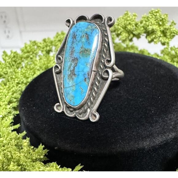 Old Pawn Native American Sterling Silver Turquoise Ring Size 7 - Picture 3 of 5